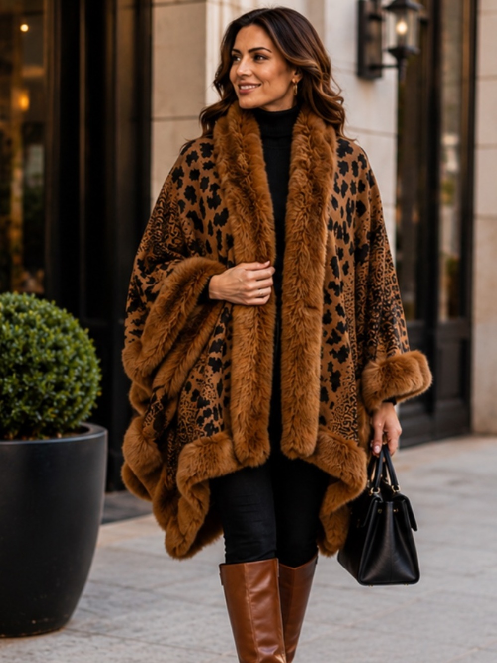 Kathy Ireland Fashion360 Safari Skies Faux Fur Trim Cape Brown One Size NWT